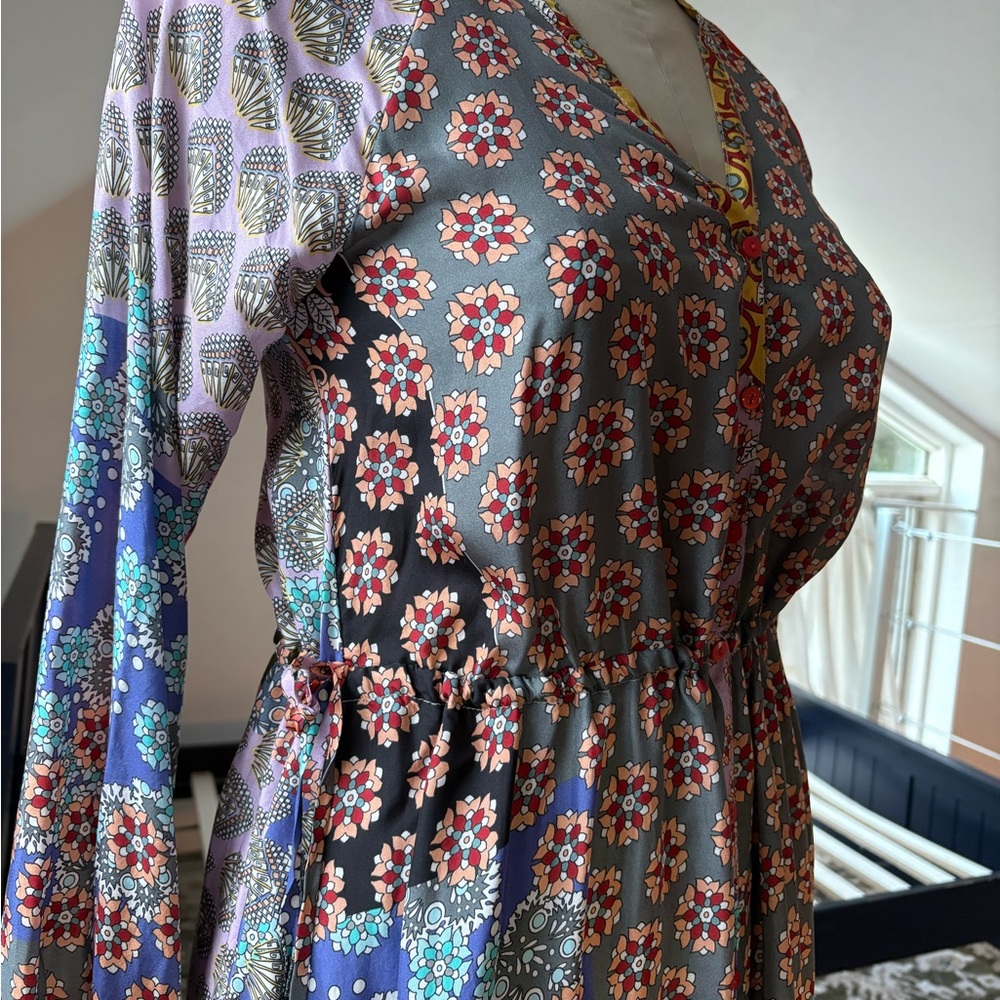 Johnny Was grey silk patchwork dress NWOT pockets S-M